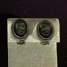 Black Glass Cameo Clip Earrings